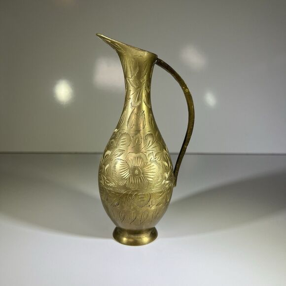 Vintage Floral Etched Brass Pitcher Vase 6 Inches - Picture 1 of 8